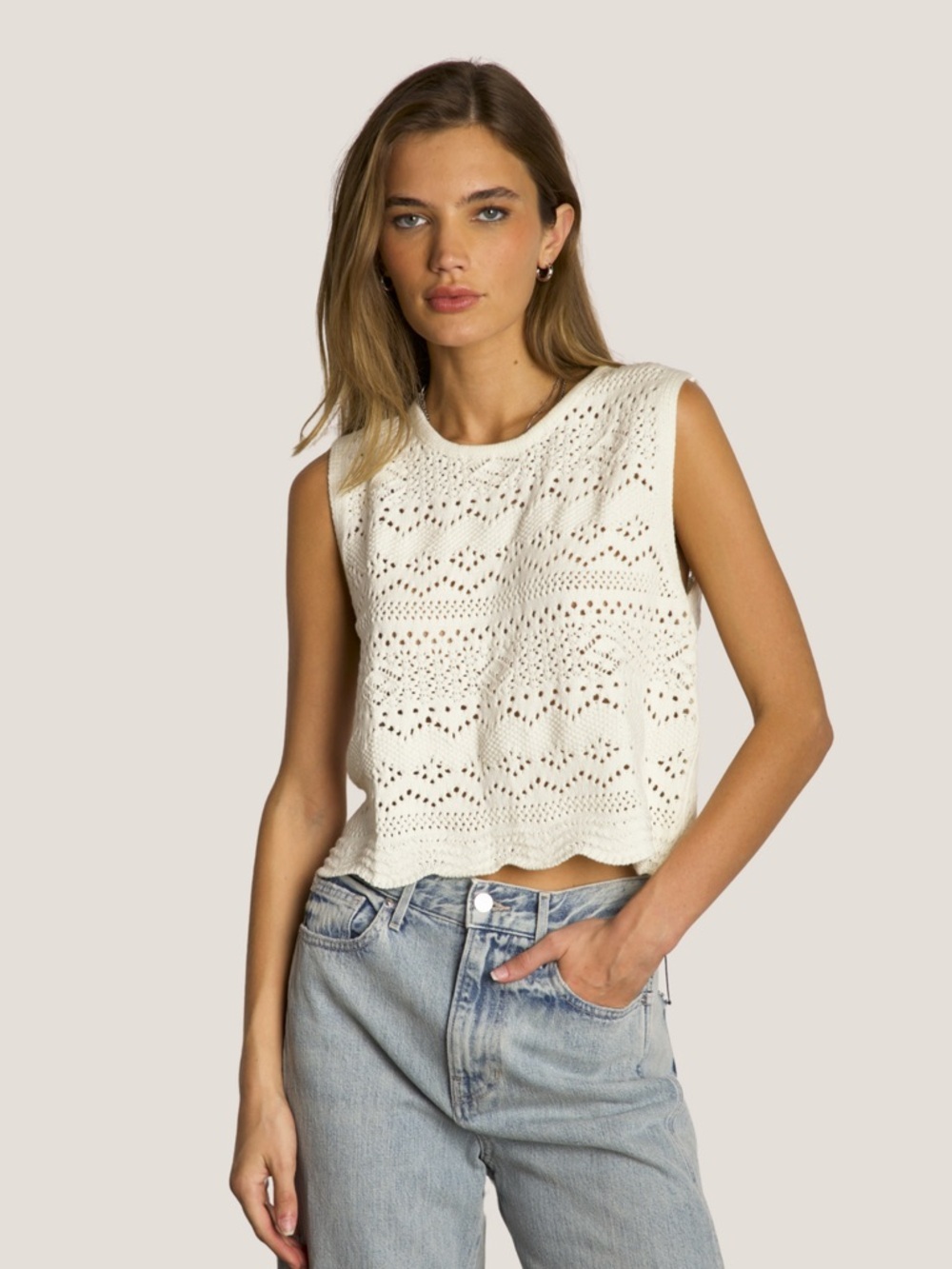 Dylan Sleeveless Cream Crochet Sweater Tank Top, size S